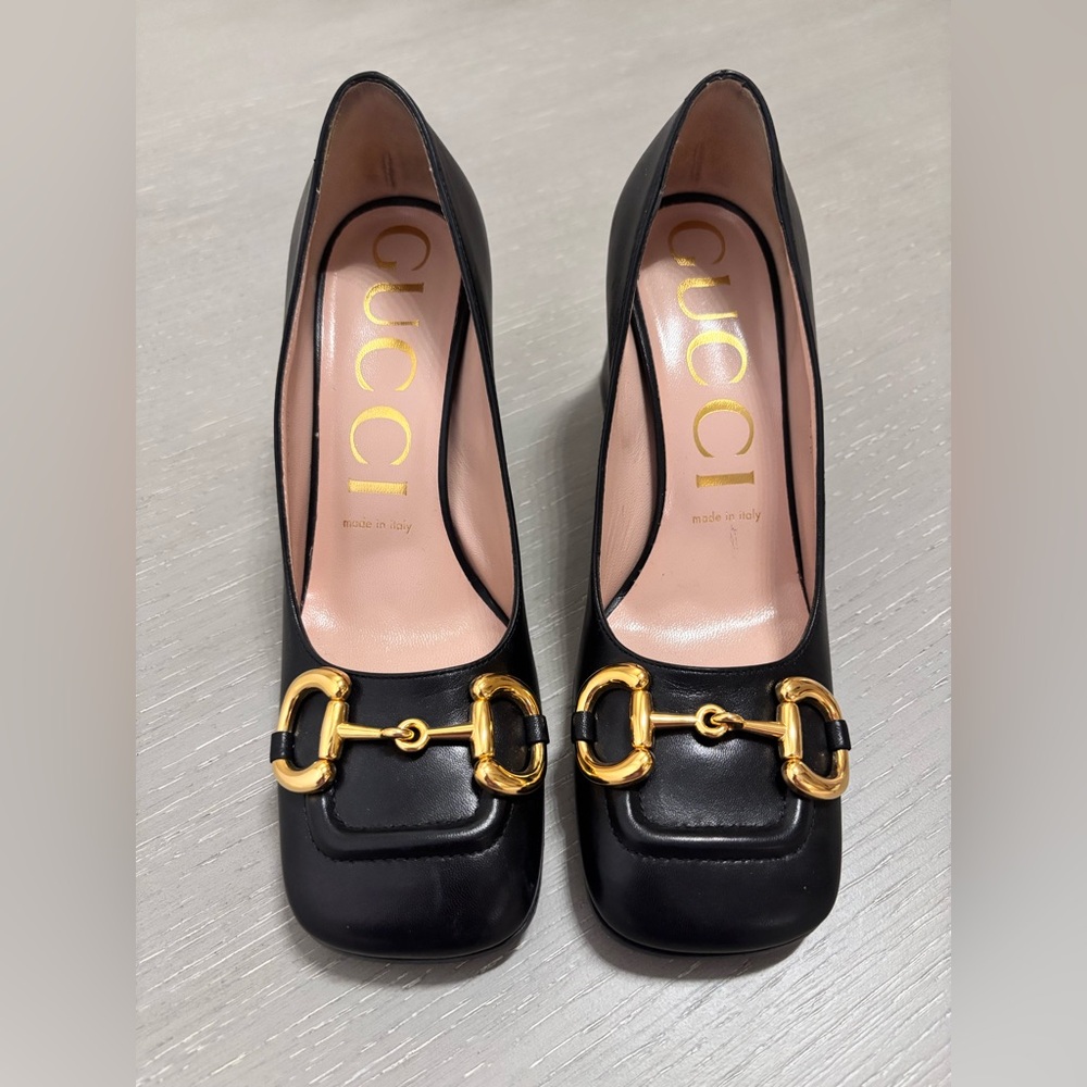 Gucci Baby Horsebit Pumps Black Leather Mid High Heel Square Toe